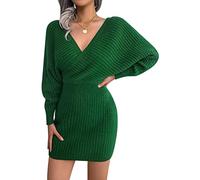 FEOYA Robe Pull Moulante Dos Nu Femme Hiver Robe Tricotée Courte Robes en Maille Manche Chauve Souris Longue Serré Jupe Décontractée V Mini Sexy Jupes Chandail Automne Printemps Chic Élégante Vert L