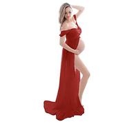 FEOYA-Robe sans Bretelles Photographie pour Les Femmes Enceintes Robes de Maternite Accessoires Fendu Devant Hors Epaule Robe EtE Sexy Femmes Enceintes en Mousseline de Soie Photos Shoot,XL,Rouge