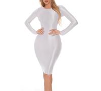 FEOYA Robes Femme Brillant Sexy Glossy Robe Sexy Bodycon Taille Moulante Manches Longues Robe Wrap pour Pole Dance Blanc L
