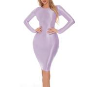 FEOYA Robes Femme Brillant Sexy Glossy Robe Sexy Bodycon Taille Moulante Manches Longues Robe Wrap pour Pole Dance Violet L