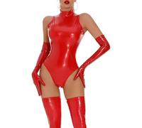 FEOYA Sexy Femme Erotique Cuir Body Brillant Lingerie Éclair Catsuit Latex Bodysuit sans Manches Combinaison en Cuir Verni Bodysuit Pole Dance Vêtement de Nuit Clubwear Rouge S
