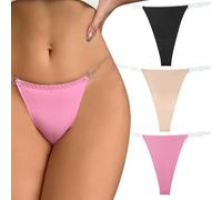 FEOYA String pour femme invisible en soie glacée sans couture avec sangle transparente, Noir + chair + rose, Medium