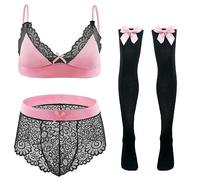 FEOYA String Sissy Lingerie Homme sous-Vêtement Érotique Culotte Sexy Dentelle Transparent de 2 3 Pièces Vêtement de Nuit Crossdresser Gay Bas de Pyjama Rose Blanc 2XL