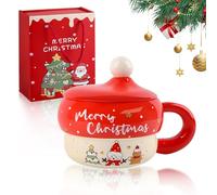 FePen Tasse de Noël, Tasse à Café de Noel en Céramique Tasse Mug avec couvercle et cuillère, Tasses à Thé en Céramique Père Kawaii a Cafe Tasses pour Cadeau de Noëls (Red B)