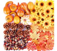 FEPITO 156 Pcs Automne Thanksgiving Décorations, Mini Artificielle Pumpkins, Cônes de pin, Feuilles d'automne, Glands, Soleil Fleurs et Baies Rouges à l'automne de fête et décorations Thanksgiving