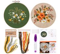 FEPITO 2 sets Kit de broderie complète avec motif et instructions Le kit de point de croix comprend 2 vêtements de broderie avec motif floral, 1 cerceaux de broderie en plastique, 1 ciseau