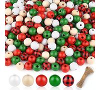 FEPITO 250 Pcs Noël Plaid Bois Perles Buffalo Artisanat 16mm Ferme Imprimer Entretoise pour Fête De Vacances Décoration DIY Fournitures