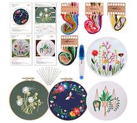 FEPITO 4 Ensembles avec Motif et Instructions Le kit de Point de Croix Comprend 4 vêtements de Broderie avec Motif Floral, 2 cerceaux de Broderie, Ciseaux, kit d'aiguilles de Fils de Couleur
