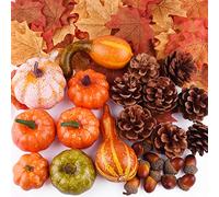 FEPITO 56 Pcs Automne Thanksgiving Décorations, Mini Artificielle Pumpkins, Cônes de pin, Feuilles d'automne, Glands pour l'automne Décorations festives, Décoration d'automne Kit Halloween Party