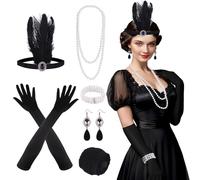 FEPITO 9 Pcs Années 1920 Ensemble D'accessoires Clapet Bandeau Collier Boucles D'oreilles Longs Noirs Gants Résille Collants Grand Gatsby Accessoires pour Femmes (Set C)