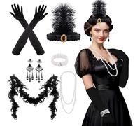 FEPITO Années 1920 Accessoires Set Flapper Bandeau Collier Boucles d'oreilles Longs Gants Noirs Boa Gatsby Thème Partie Accessoires pour Femmes