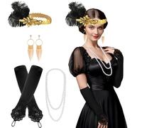 FEPITO Années 1920 Accessoires Set Flapper Bandeau Collier Boucles d'oreilles Longs Gants Noirs Gatsby Thème Partie Accessoires pour Femmes （Set A）