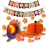 FEPITO Donner Merci Bannière avec Papier Coloré Citrouille De Dinde Artificielle Feuilles D'érable Décoration Kit Total 203 PCS pour Automne Automne Fête Thanksgiving Day Fournitures Décorations