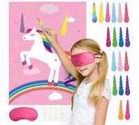 FEPITO Jeu de fête d'anniversaire Pin The Horn on The Unicorn avec 24 Cornes pour décorations de fête de Licorne, Fournitures de fête d'anniversaire de Licorne pour Enfants (Rose)