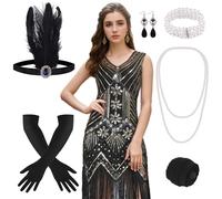 FEPITO Robe à franges, col en V des années 1920, avec paillettes, perles, lot de 20 accessoires, noir et doré (style 2), taille L