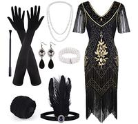 FEPITO Robe des années 1920 avec col en V, perles à paillettes et ensemble d'accessoires des années 20 (noir doré, taille XL)