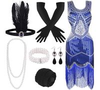 FEPITO Robes à clapet des années 1920 pour femmes, robe Gatsby le magnifique à paillettes à franges pour femmes avec accessoires des années 20, costumes des années 20 rugissantes