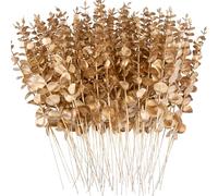 FEQO Lot de 72 tiges de feuilles d'eucalyptus artificielles dorées, 38,1 cm, fausses branches d’eucalyptus pour bouquet, mariage, décoration d'intérieur