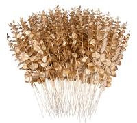 FEQO Lot de 90 tiges de feuilles d'eucalyptus artificielles dorées, 38,1 cm, fausses branches d’eucalyptus pour bouquet, mariage, décoration d'intérieur