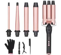 Fer à Boucler Boucleur a Cheveux 3 Tete fers à vagues et 4 Fer à Friser en céramique interchangeables (9-32mm) pour vagues de plage, Ondulations naturelles, Chauffage Rapide Ecran LCD, inclus gant