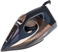 Fer à vapeur Camry CR 5036 d'une puissance de 3400 watts, avec un réservoir d'eau de 360 ml, un débit de vapeur continu de 50 g/min et une fonction "boost", dans un élégant coloris noir et or. L'arrêt