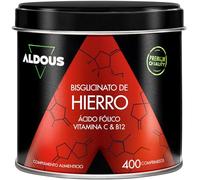 Fer Bisglycinate 14 mg + Vitamine C, B12 et Acide Folique - 400 Comprimés - Bisglycinate de Fer et Vitamine C - Globules rouges, Hémoglobine - Vitamines pour la fatigue - Iron - Végétalien - Aldous