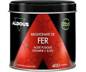 Fer Bisglycinate 14 mg + Vitamine C, B12 et Acide Folique - 400 Comprimés - Fer Complément Alimentaire avec Vitamine C - Anti-fatigue - Tolérance Optimale - Haute Absorption - Aldous