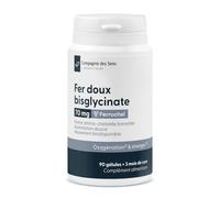 Fer bisglycinate breveté Ferrochel® 14 mg - Albion® (TRAACS®) - 90 gélules végétales (HPMC) - 70 mg de bisglycinate de fer par gélule - 100% VNR - 3 mois de cure - Fabriqué en France