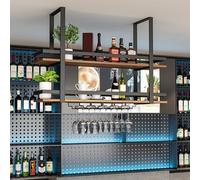 Fer étagère de rangement multifonctionnelle, porte-bouteilles au plafond deux étages，Métal étagère à liqueur de bar Avec garde-corps，etagere suspendue Avec porte-verre à vin，restaurant(80cm/31.5in)