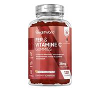 Fer Gummies & Vitamine C - 120 Gommes Vegan (pour 4 Mois) Faibles en Sucre, Gummies Vitamine C (sous forme d'Acide L- Ascorbique) avec Fer, Goût Naturel de Pêche, sans OGM, sans Gluten