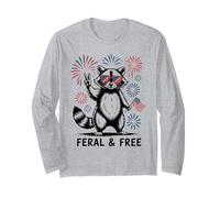 Feral and Free Raton Laveur Peace Drapeau Feux USA Manche Longue