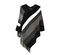 Ferand Joli Poncho Femme à Rayures Châle Doux Chaud à Franges pour l' Automne Hiver - Taille unique - Gris & Noir