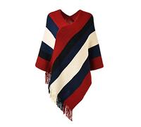 Ferand Joli Poncho Femme à Rayures Châle Doux Chaud à Franges pour l' Automne Hiver - Taille Unique - Rouge & Noir
