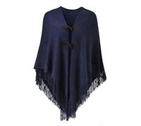 Ferand Poncho Châle Femme Elégant Chaud Ouvert Devant avec Bouton à Franges pour l' Automne Hiver - Taille Unique - Bleu Marine