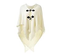 Ferand Poncho Châle Femme Elégant Chaud Ouvert Devant avec Bouton à Franges pour l' Automne Hiver - Taille Unique - Blanc