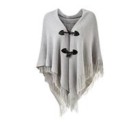 Ferand Poncho Châle Femme Elégant Chaud Ouvert Devant avec Bouton à Franges pour l' Automne Hiver - Taille Unique - Gris