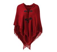 Ferand Poncho Châle Femme Elégant Chaud Ouvert Devant avec Bouton à Franges pour l' Automne Hiver - Taille unique - Rouge