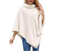 Ferand - Poncho Femme Douillet à Rayures en Fausse Fourrure, Pull Châle Doux pour l'Hiver - Blanc