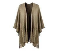 Ferand Poncho Femme Ouvert à l'avant avec Poches, Châle Cape en Tricot Doux à Franges pour Automne Hiver - Kaki