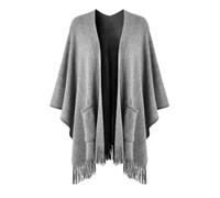 Ferand Poncho Femme Ouvert à l'avant avec Poches, Châle Cape en Tricot Doux à Franges pour Automne Hiver - Gris