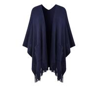 Ferand Poncho Femme Ouvert à l'Avant avec Poches, Châle Cape en Tricot Doux à Franges pour Automne Hiver - Bleu marine