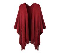 Ferand Poncho Femme Ouvert à l'avant avec Poches, Châle Cape en Tricot Doux à Franges pour Automne Hiver - Bordeaux