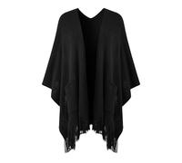 Ferand Poncho Femme Ouvert à l'avant avec Poches, Châle Cape en Tricot Doux à Franges pour Automne Hiver - Noir