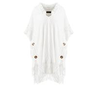 Ferand Pull Poncho Elegant Femme à Capuche en Crochet avec Finition à Boutons - Taille Unique - Blanc