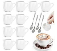 Ferenando 10 Pcs Mini Pots à Lait en Porcelaine 50ml avec Poignée & Cuillères, Petit Blanc Pot a Lait Céramique, Petit Pot à Lait 50ml pour Café, Confiture, Miel, Sauces, Sirops et Crème