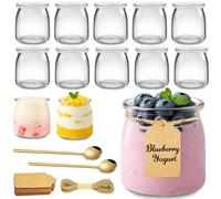 Ferenando 12 Pcs Pot Yaourt en Verre avec Couvercle & 2 Cuillère, 200ml Petit Pot en Verre avec Étiquette Et Corde, Bouteille Yaourt à Boire Réutilisable pour Desserts, Pudding, Confiture, Miel