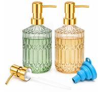 Ferenando 2 Pcs Distributeur de Savon Liquide en Verre 450ml avec 3 Pompe | Distributeur Savon Vintage pour Cuisine, Salle de Bain, Soap Dispenser pour Vaisselle, Gel Douche Shampoing | Vert et Doré