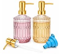 Ferenando 2 Pcs Distributeur de Savon Liquide en Verre 450ml avec 3 Pompe | Distributeur Savon Vintage pour Cuisine, Salle de Bain, Soap Dispenser pour Vaisselle, Gel Douche Shampoing | Rose et Doré