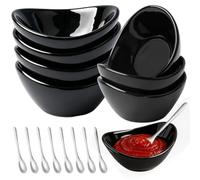 Ferenando 8 Pcs 60ml Bols à Sauce en Céramique avec 8 Cuillères, Noir | Bols à Tapas et Sauces, Coupelle Aperitif, Petit Bol en Porcelaine Ellipse pour Apéritif, Sauce Soja, Ketchup, Épices