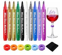 Ferenando Lot de 10 Marqueur pour Verre en 10 Couleurs pour Fêtes et Événements, Marque Verre Effacable avec 6 Anneau de Marquage en Silicone & Chiffon de Nettoyage, Séchage Rapide